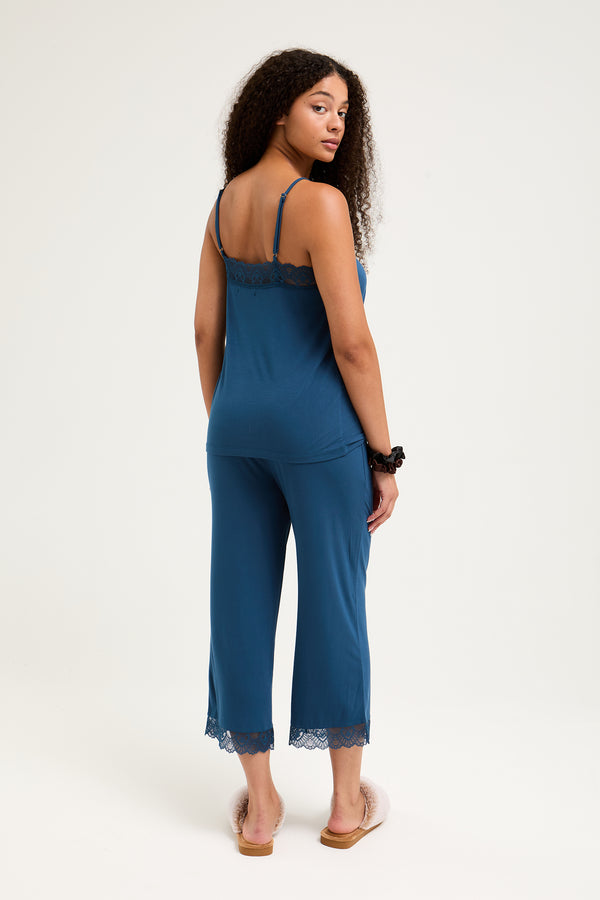 Pretty You Bamboo Lace Cami Cropped Trouser Pajama Set In Teal