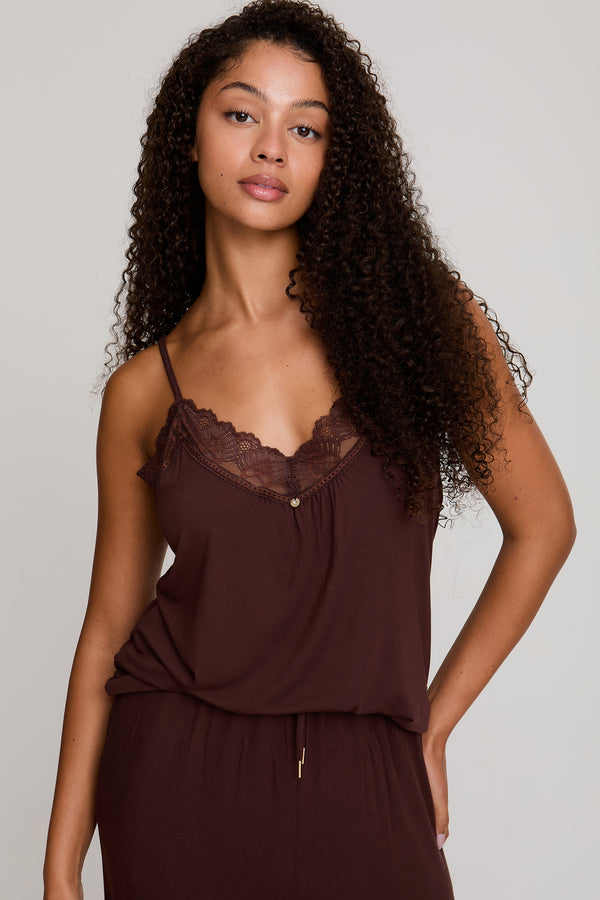 Pretty You Bamboo Lace Cami Cropped Trouser Pyjama Set In Chocolate