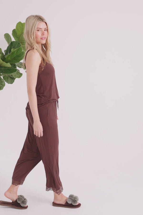 Pretty You Bamboo Lace Cami Cropped Trouser Pyjama Set In Chocolate
