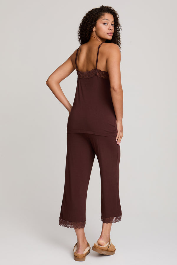 Pretty You Bamboo Lace Cami Cropped Trouser Pyjama Set In Chocolate