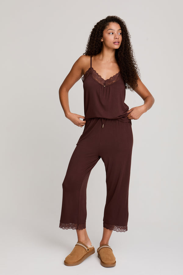 pretty you Bamboo Lace Cami Cropped Trouser Pyjama Set in Chocolate