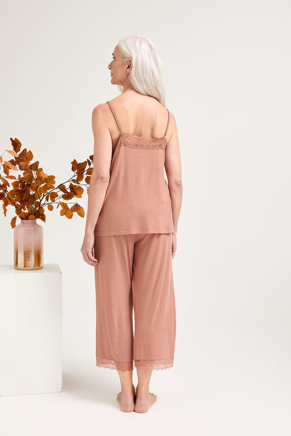 Pretty You Bamboo Lace Cami Cropped Trouser Pyjama Set In Mocha