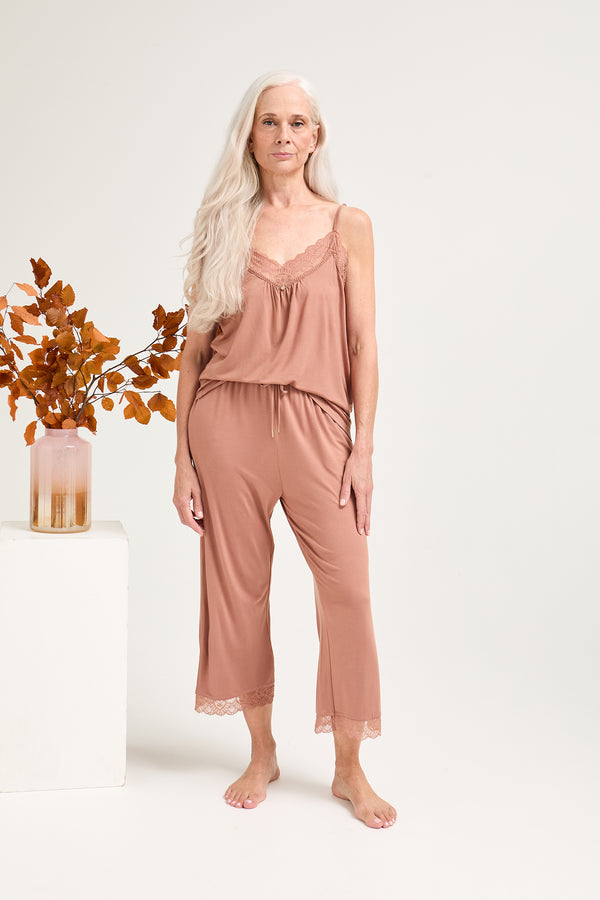 pretty you Bamboo Lace Cami Cropped Trouser Pyjama Set in Mocha
