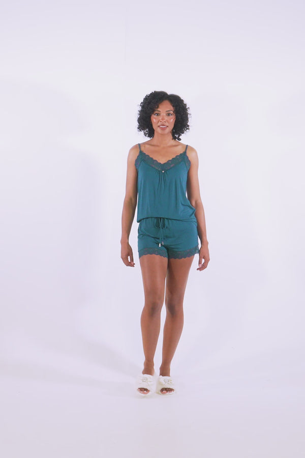 Pretty You Bamboo Lace Cami Short Pajama Set In Teal