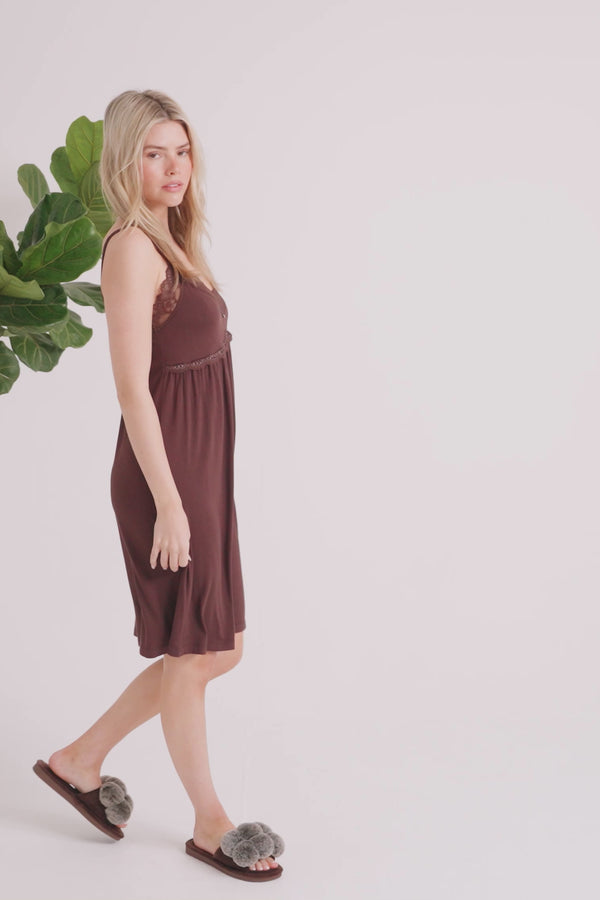 Pretty You Bamboo Lace Chemise Nightdress In Chocolate
