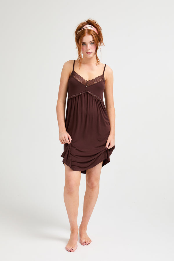 pretty you Bamboo Lace Chemise Nightdress in Chocolate