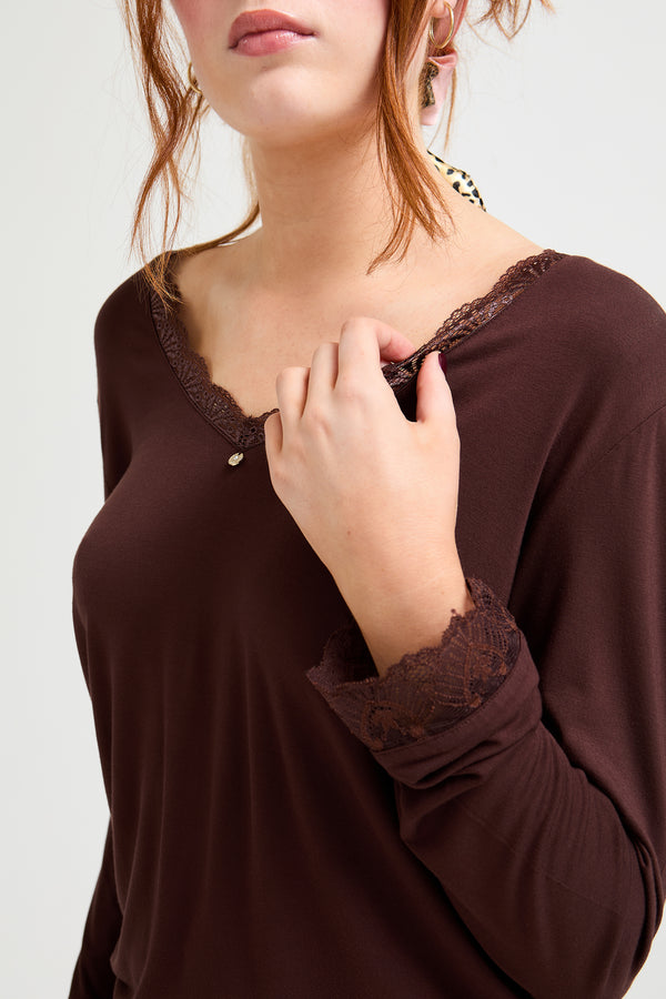 Pretty You Bamboo Lace V-Neck Pyjama Set In Chocolate