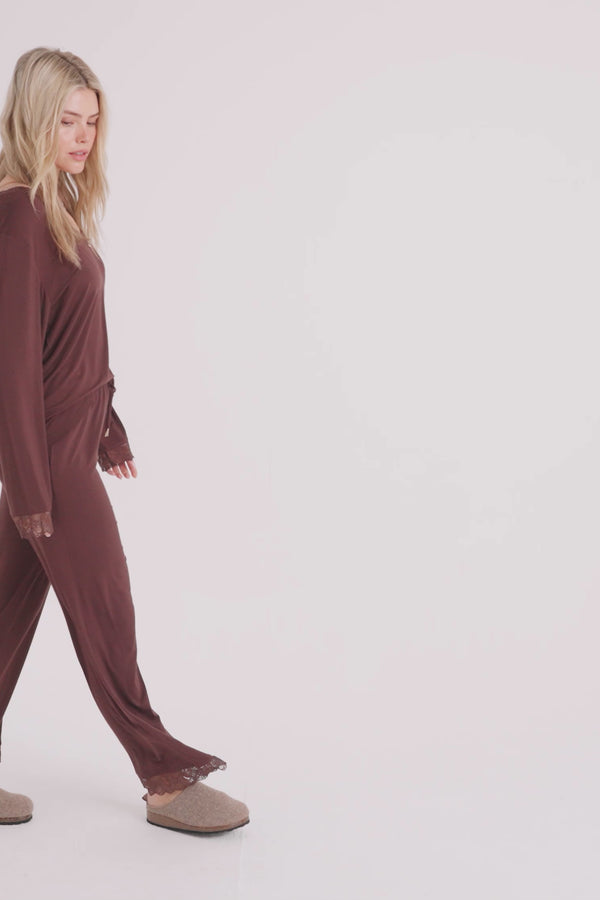 Pretty You Bamboo Lace V-Neck Pyjama Set In Chocolate