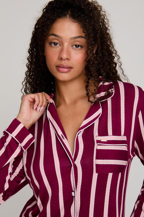 Pretty You Bamboo Long Pyjama Set In Bordeaux Stripe