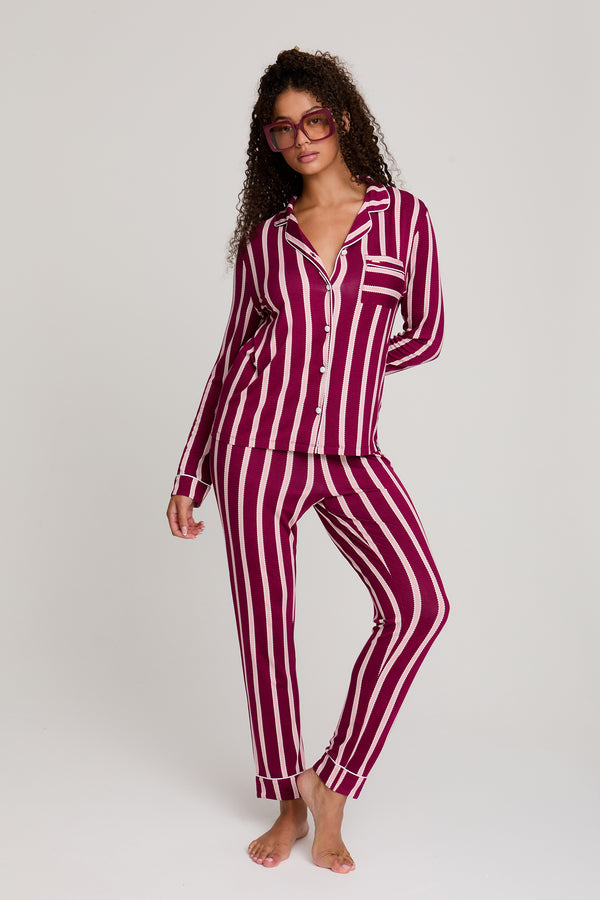 Pretty You Bamboo Long Pyjama Set In Bordeaux Stripe
