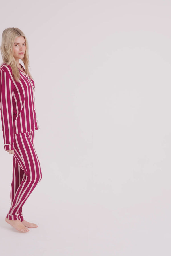 Pretty You Bamboo Long Pyjama Set In Bordeaux Stripe