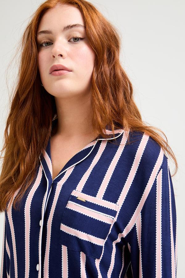 Pretty You Bamboo Long Pyjama Set In Midnight Stripe
