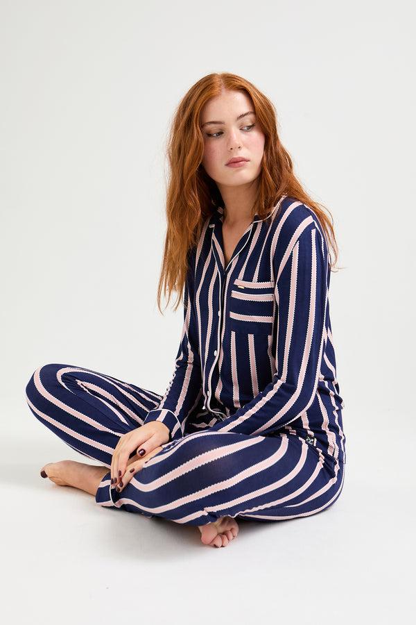 Pretty You Bamboo Long Pyjama Set In Midnight Stripe