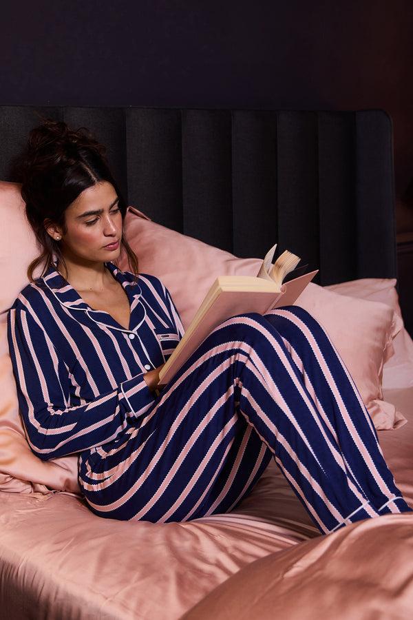 pretty you Bamboo Long Pyjama Set in Midnight Stripe