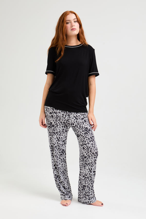 Pretty You Bamboo Tee And Trouser Set In Black / Luxe Leopard