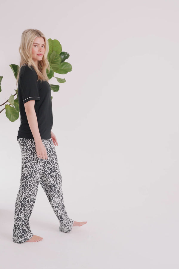 Pretty You Bamboo Tee And Trouser Set In Black / Luxe Leopard
