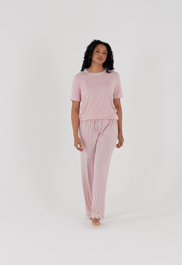 Pretty You Bamboo Tee And Trouser Set In Blush Stripe