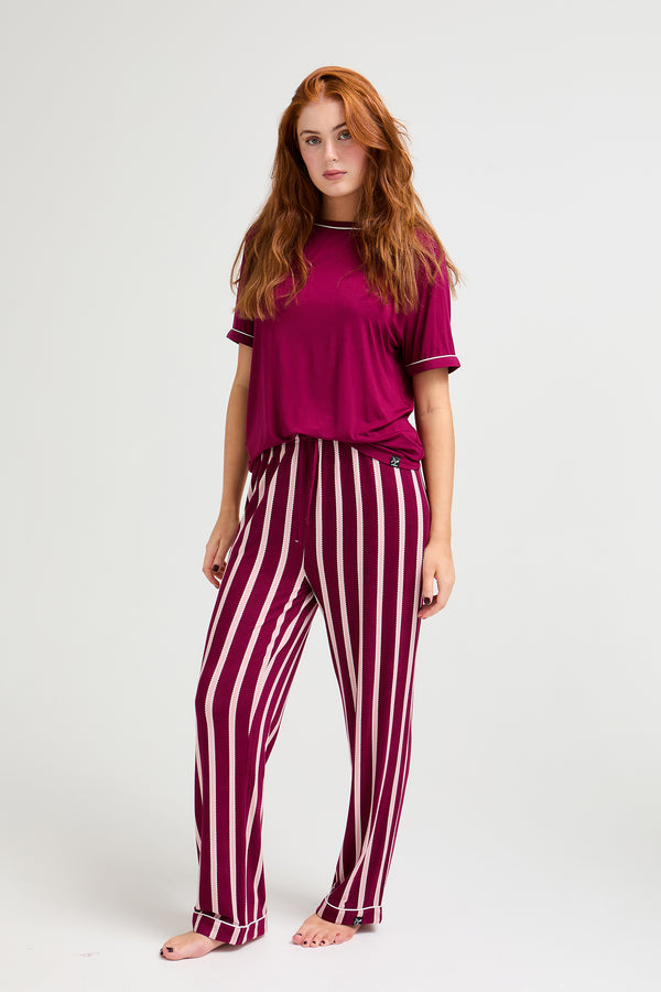 Pretty You Bamboo Tee And Trouser Set In Bordeaux Stripe