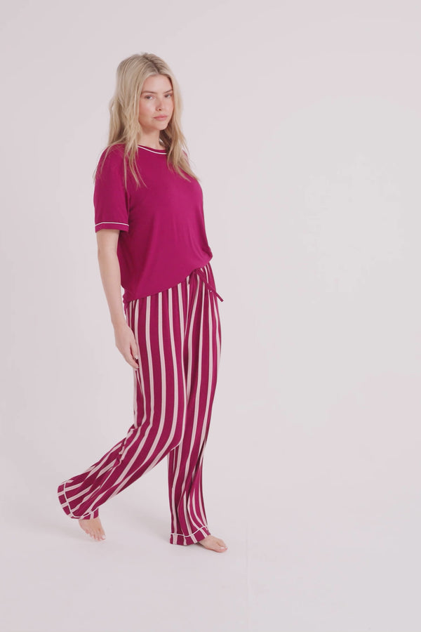 Pretty You Bamboo Tee And Trouser Set In Bordeaux Stripe