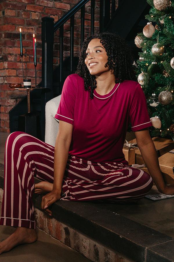 pretty you Bamboo Tee and Trouser Set in Bordeaux Stripe