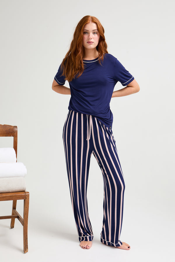 Pretty You Bamboo Tee And Trouser Set In Midnight Stripe