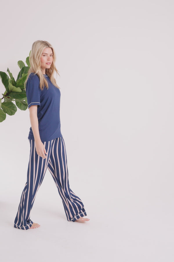 Pretty You Bamboo Tee And Trouser Set In Midnight Stripe