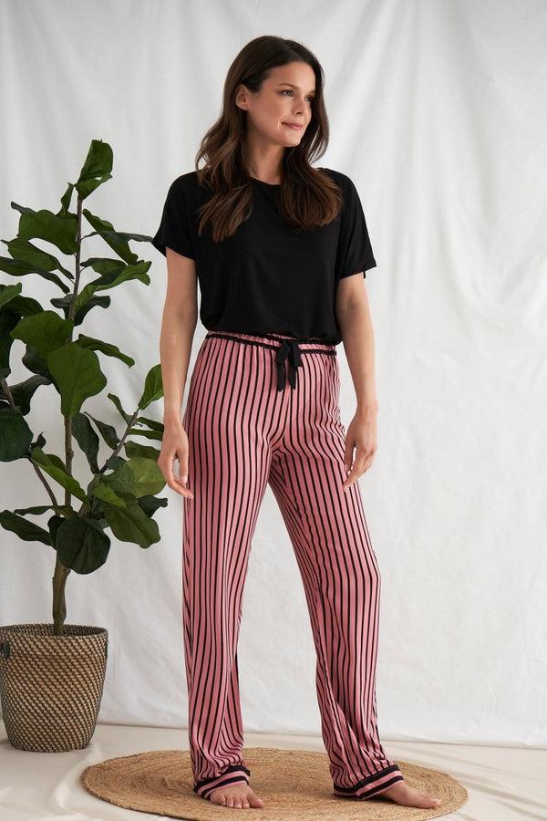 pretty you Boyfriend Stripe Trousers in Terracotta/Black