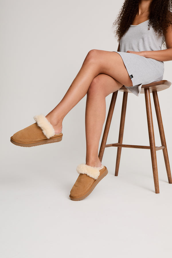 pretty you Hallie Sheepskin Multiway Slippers in Chestnut