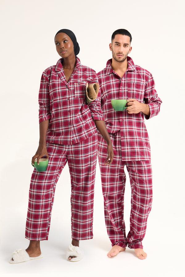 pretty you His and Hers Plaid Pyjama Sets in Bordeaux