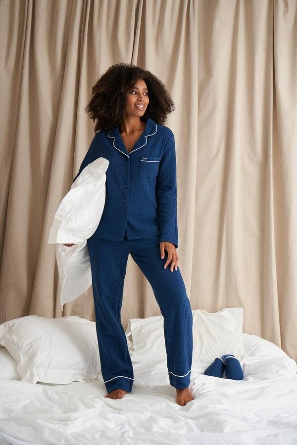 pretty you Luxury Suite Waffle PJ Set in Marine Blue