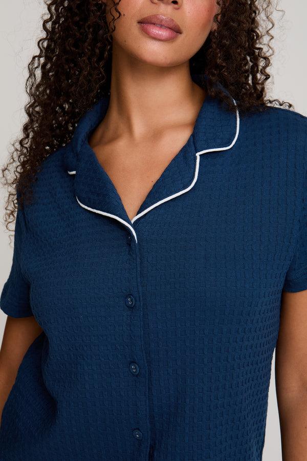 Pretty You Luxury Suite Waffle Short Shirt Trouser Set In Marine Blue