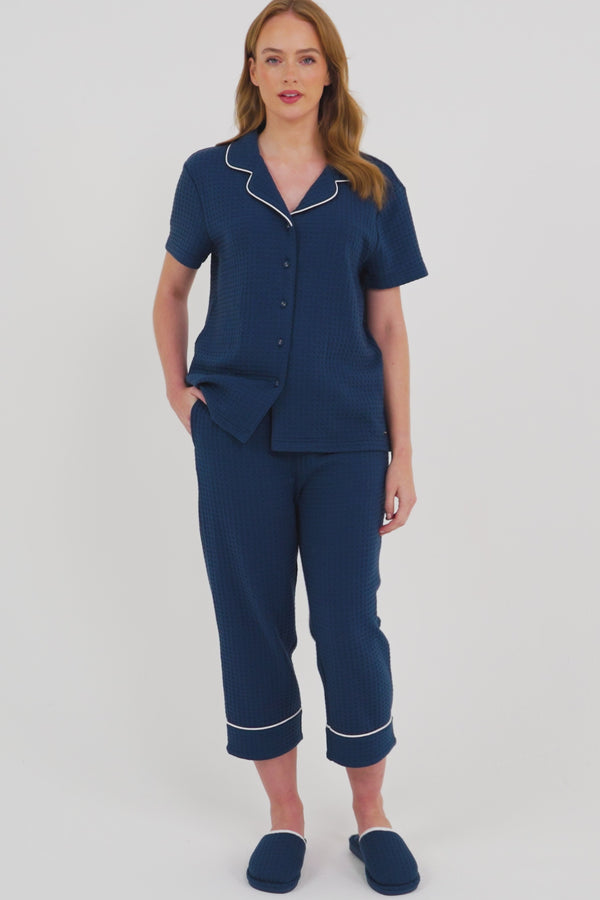 Pretty You Luxury Suite Waffle Short Shirt Trouser Set In Marine Blue