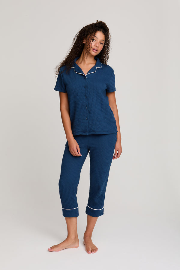 pretty you Luxury Suite Waffle Short Shirt Trouser Set in Marine Blue