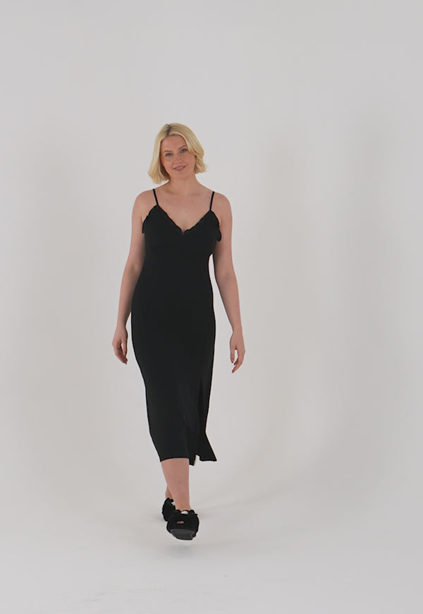 Pretty You Bamboo Frill Chemise In Black