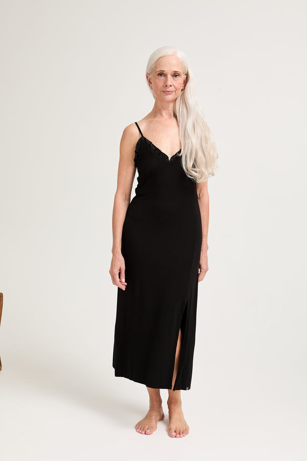 pretty you Bamboo Frill Chemise in Black