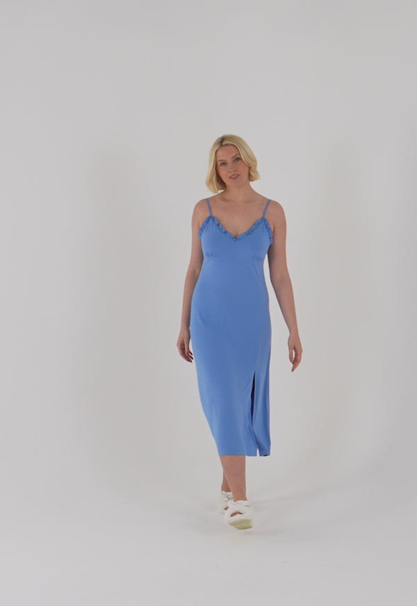 Pretty You Bamboo Frill Chemise In Cornflower Blue