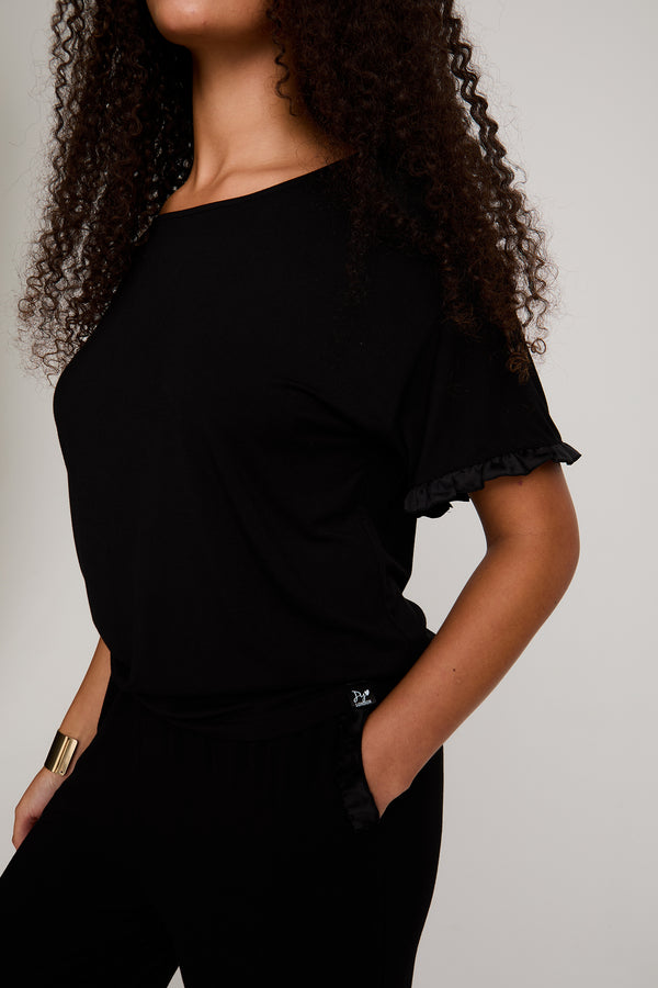 Pretty You Bamboo Frill Tee Trouser Set In Black