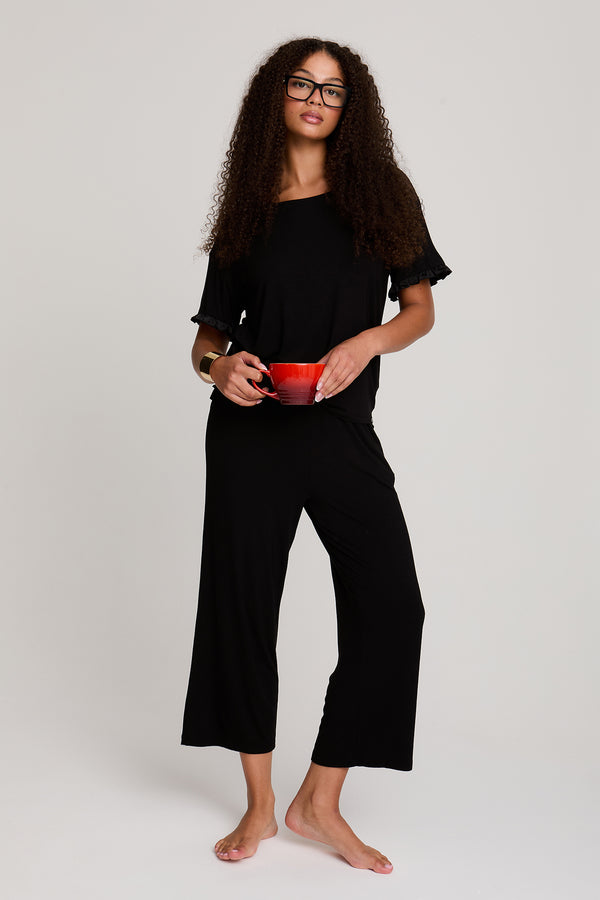 pretty you Bamboo Frill Tee Trouser Set in Black