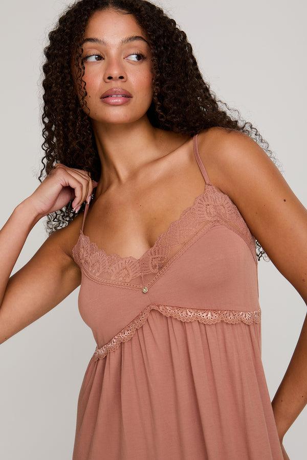 Pretty You Bamboo Lace Chemise Nightdress In Mocha