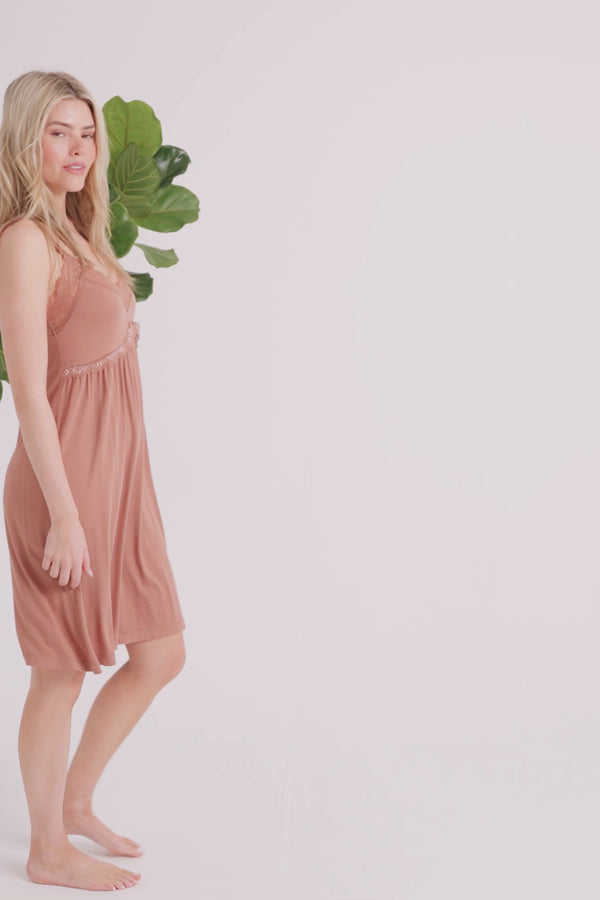 Pretty You Bamboo Lace Chemise Nightdress In Mocha