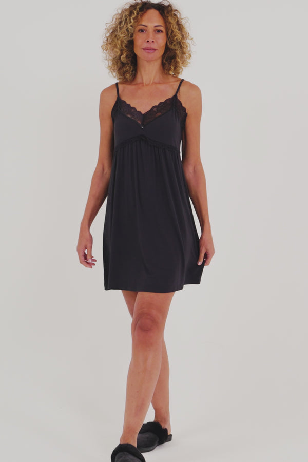 Pretty You Bamboo Lace Chemise Nightdress In Raven