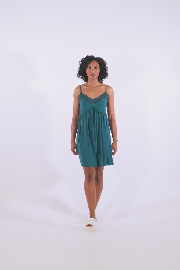 Pretty You Bamboo Lace Chemise Nightdress In Teal