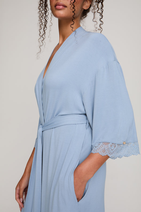 Pretty You Bamboo Lace Kimono Robe In Blue Mist