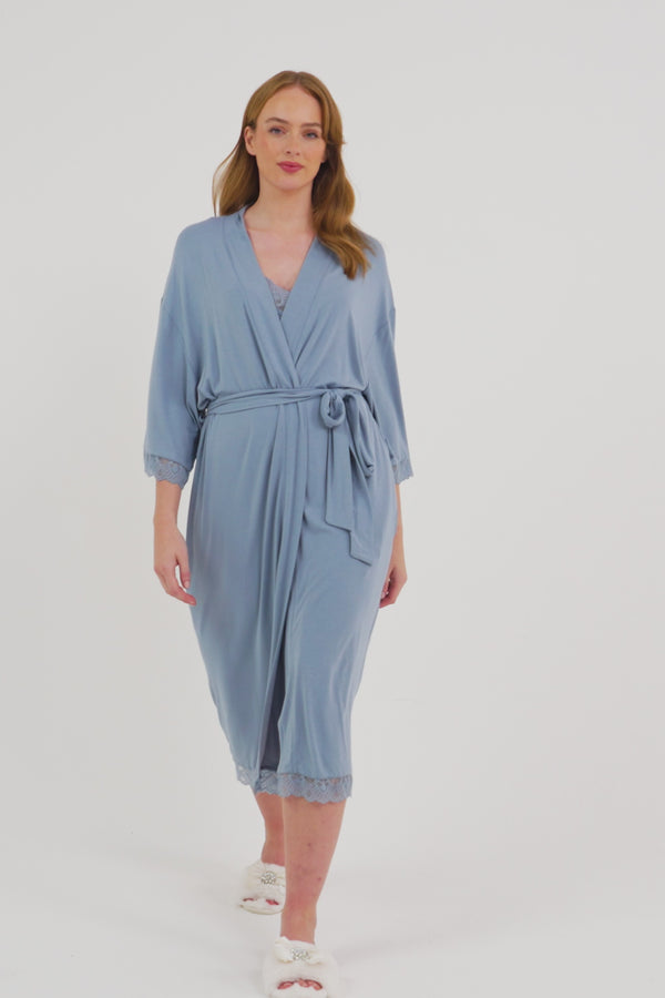 Pretty You Bamboo Lace Kimono Robe In Blue Mist
