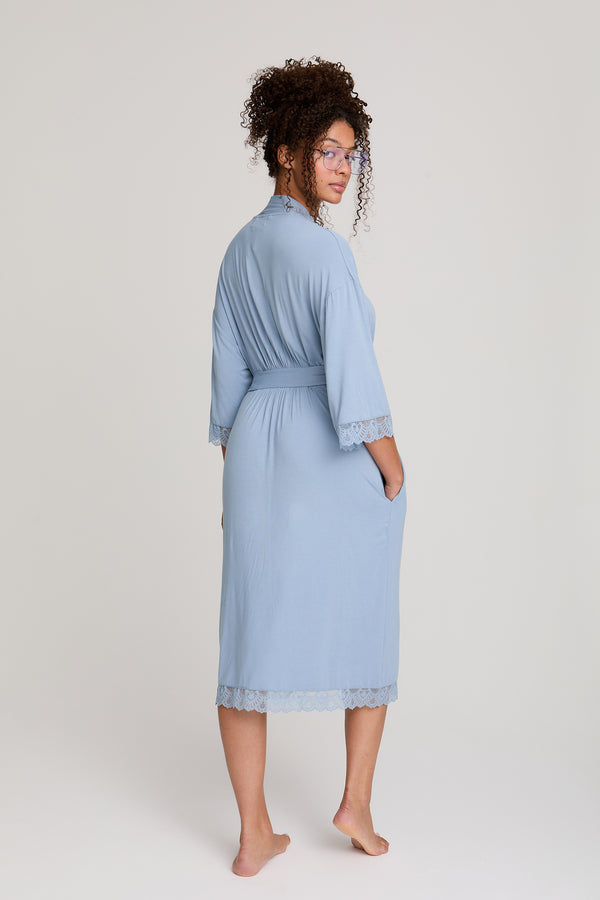 Pretty You Bamboo Lace Kimono Robe In Blue Mist