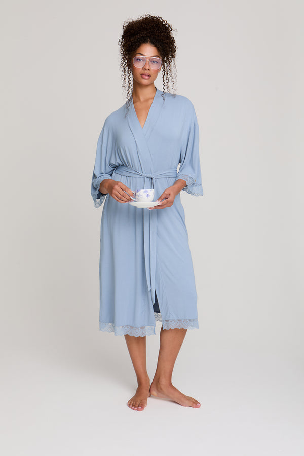 pretty you Bamboo Lace Kimono Robe in Blue Mist