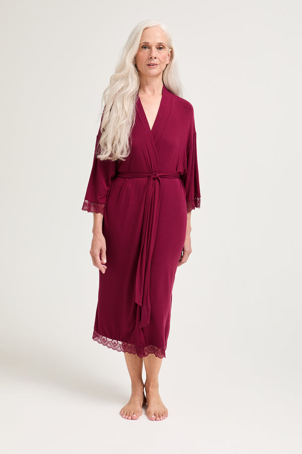 pretty you Bamboo Lace Kimono Robe in Bordeaux