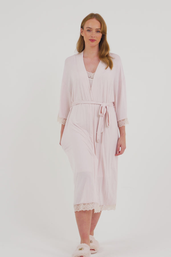Pretty You Bamboo Lace Kimono Robe In Powder Puff