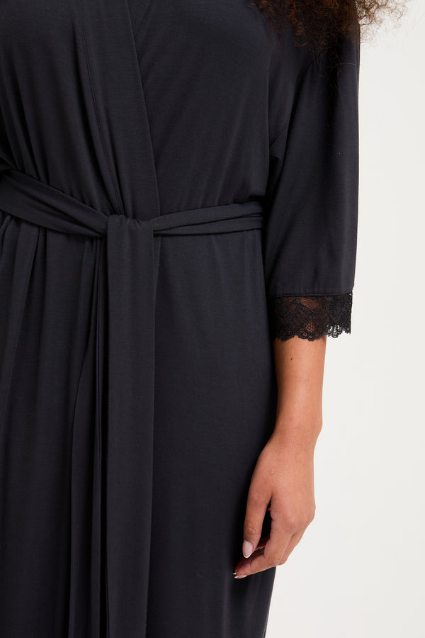 Pretty You Bamboo Lace Kimono Robe In Raven