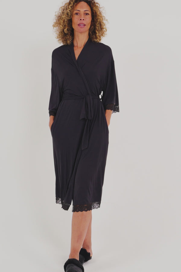 Pretty You Bamboo Lace Kimono Robe In Raven